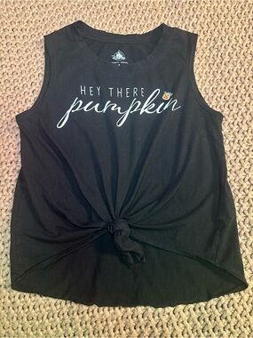 Disney Disneyland official Halloween Black 'Hey There Pumpkin' Knot-Front Tank